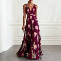 Mathilde | Damen V-Ausschnitt Maxikleid Blumenmuster – Burgunder