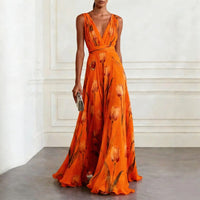 Mathilde | Damen V-Ausschnitt Maxikleid Blumenmuster – Orange