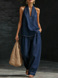 Melanie | Denim Set mit V-Ausschnitt weitem Bein – Marine