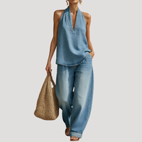 Meret | Damen Neckholder Zweiteiler Set Weite Hose – Hellblau