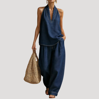 Meret | Damen Neckholder Zweiteiler Set Weite Hose – Marine