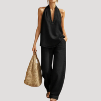 Meret | Damen Neckholder Zweiteiler Set Weite Hose – Schwarz
