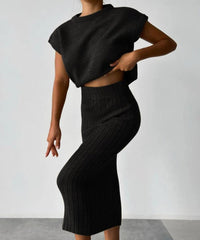Carissa Strick-Top und Midi-Rock Set – Schwarz