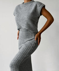 Carissa Strick-Top und Midi-Rock Set – Grau