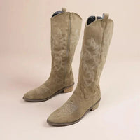 Damen Gestickte Cowboy Stiefel | Niedriger Absatz – Khaki