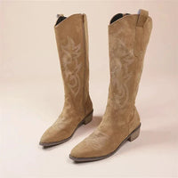 Damen Gestickte Cowboy Stiefel | Niedriger Absatz – Dunkelbraun