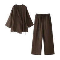Jezebel Wickel-Bluse und Hose Set – Brauner Anzug