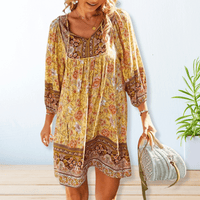 Phoebe | Boho Kleid mit Druck und fließendem Schnitt für Frauen – Gelb