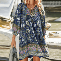 Phoebe | Boho Kleid mit Druck und fließendem Schnitt für Frauen – Marine