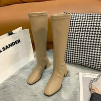 Damen Elegante Kniehohe Stiefel | Blockabsatz – Khaki
