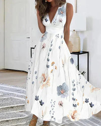Victoria | Elegantes und luftiges Blumenkleid mit V-Ausschnitt für Frauen – Grau