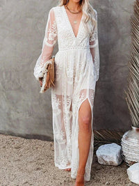 Paula | Elegantes und fließendes Maxikleid aus Boho-Spitze für Frauen – Weiß