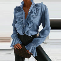 Damen Elegante Gerüschte Bluse | Langarm – Blau
