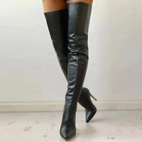 Yassi Oberschenkelhohe Stiletto-Stiefel – Schwarz