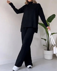 Zainab Gerippter Pullover und Hose Set – Schwarz