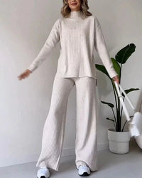 Zainab Gerippter Pullover und Hose Set – Aprikose