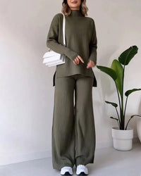 Zainab Gerippter Pullover und Hose Set – Oliv