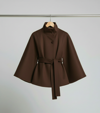 Ella | Modischer Damen Cape-Mantel mit Gürtelakzent – Kaffee