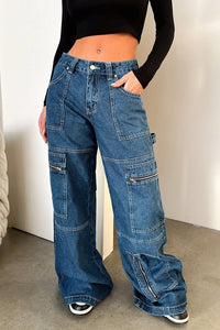 Nele | Weite Cargo-Jeans mit hoher Taille – Dunkelblau