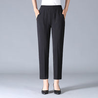 Damen Elastischer Bund mit Taschen Stoffhose – Schwarz