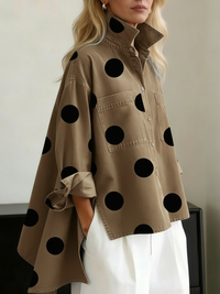Nicolette | Damen Polka Dot Stehkragen Langarm Bluse – Khaki