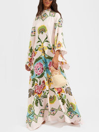 Noelle | Damen Langarm Floral Maxi Kleid – Creme