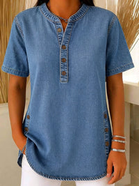 Nora | Damen Kurzarm Jeansbluse mit Knopfleiste – Blau