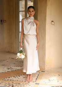 Juliana - Wunderschönes Luxus-Satin-Kleid – Beige