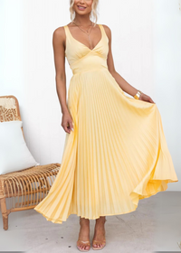 Mabel - V-Ausschnitt Plissiertes Maxikleid – Gelb