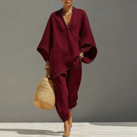 Octavia | Damen Oversize Tunika Zweiteiler Set – Weinrot