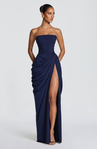 Olivia | Maxikleid mit Schnürung und Schlitz – Marine