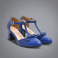 Carina | Orthopädische Vintage-Heels mit Schleife – Blau