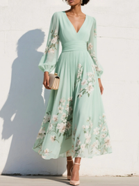 Ondine | Damen Blumenkleid Midikleid Langarm – Grün