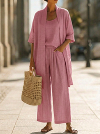 Ulyssia - Luftiges dreiteiliges Leinen-Set – Rosa