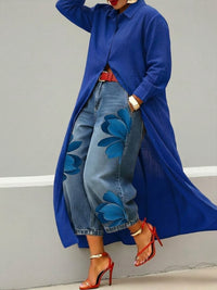 Rhona - Set aus Hemd mit Knopfleiste und bedruckter Jeans – Blau