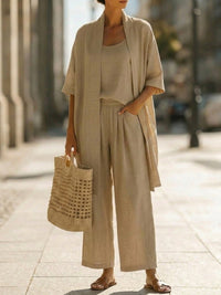 Ulyssia - Luftiges dreiteiliges Leinen-Set – Khaki