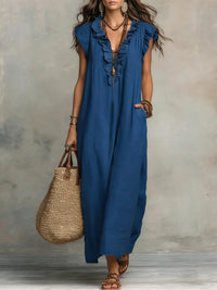 Norea | Boho-Kleid aus Leinen &amp; Baumwolle – Blau