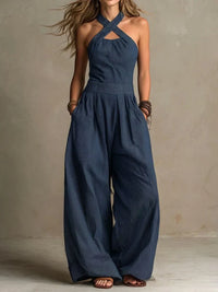 Karissa - Fließender Jumpsuit mit weitem Bein – Marine