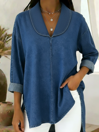 Gaetanaa – Retro Jeans Bluse Mit Schalkragen – Blau
