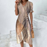 Sommerkleid für Damen - Luftiges Maxikleid mit V-Ausschnitt und Puffärmeln – Gold