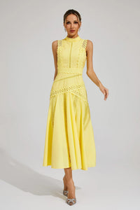 Ottaviana | Damen Ärmelloses Midi Spitzenkleid Gelb – Gelb