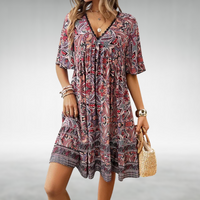 Ottilia | Damen Boho V-Ausschnitt Minikleid – Rot