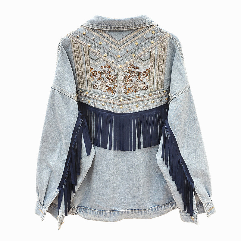 Oversized-Jeansjacke mit Blumendruck und Fransen