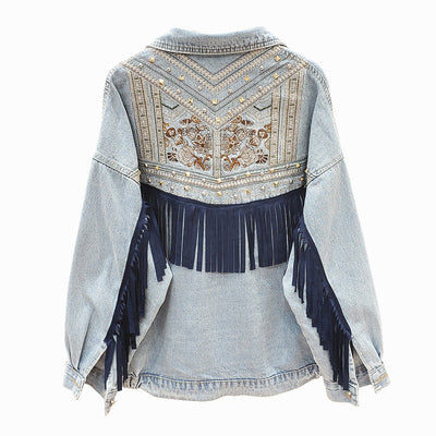 Oversized-Jeansjacke mit Blumendruck und Fransen