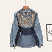 Oversized-Jeansjacke mit Blumendruck und Fransen – Marine