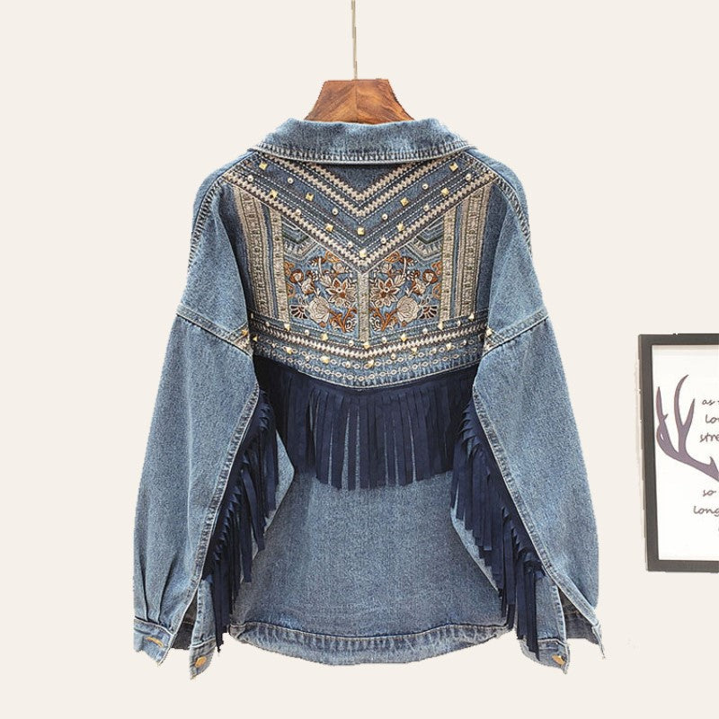 Oversized-Jeansjacke mit Blumendruck und Fransen