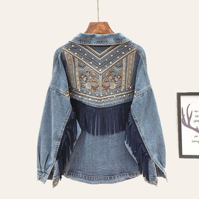 Oversized-Jeansjacke mit Blumendruck und Fransen