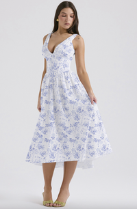 Damen Lässig Vintage Blumen Hochzeitsgast Kleid | Midi – Blau