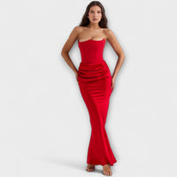 Maxi-Kleid aus Satin ohne Träger mit Drapierung – Rot