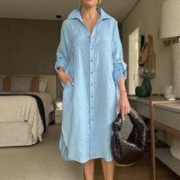 Lissabon™ Kleid aus Baumwoll-Leinen mit tailliertem Kragen / Das Couture-Kleidungsstück für die moderne Frau! – Himmelblau